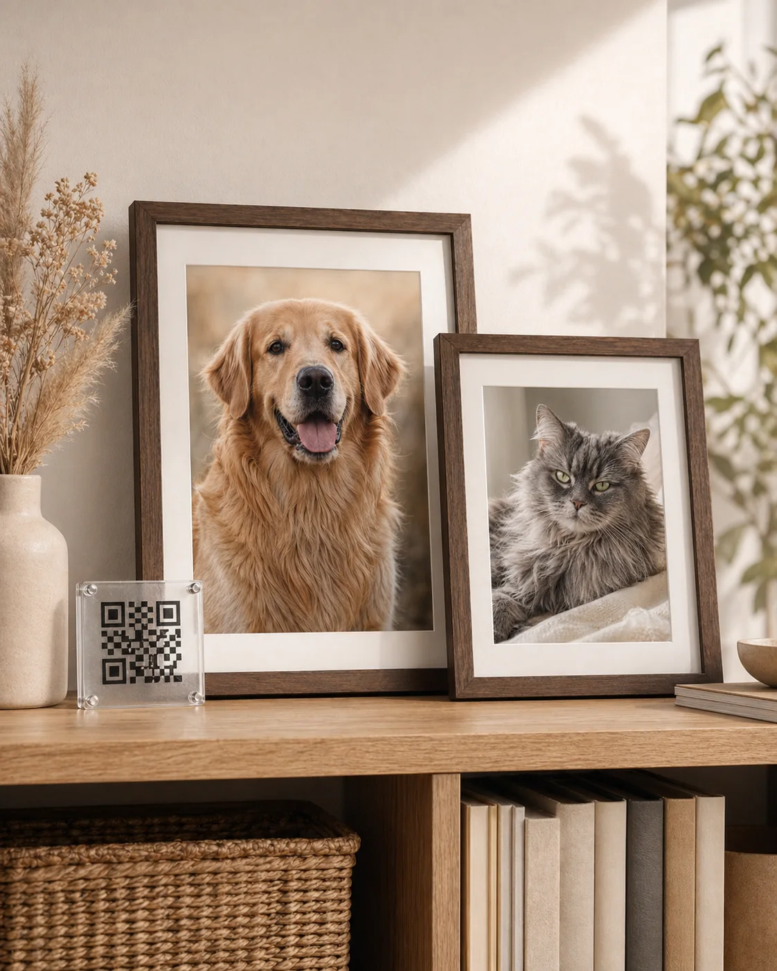 Framed pet memorial prints with QR memory plaque