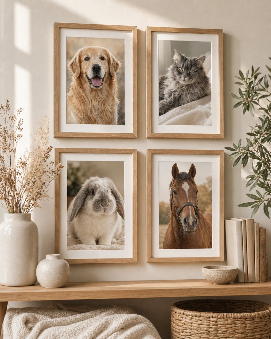 A memory wall with framed portraits of a dog, cat, rabbit, and horse