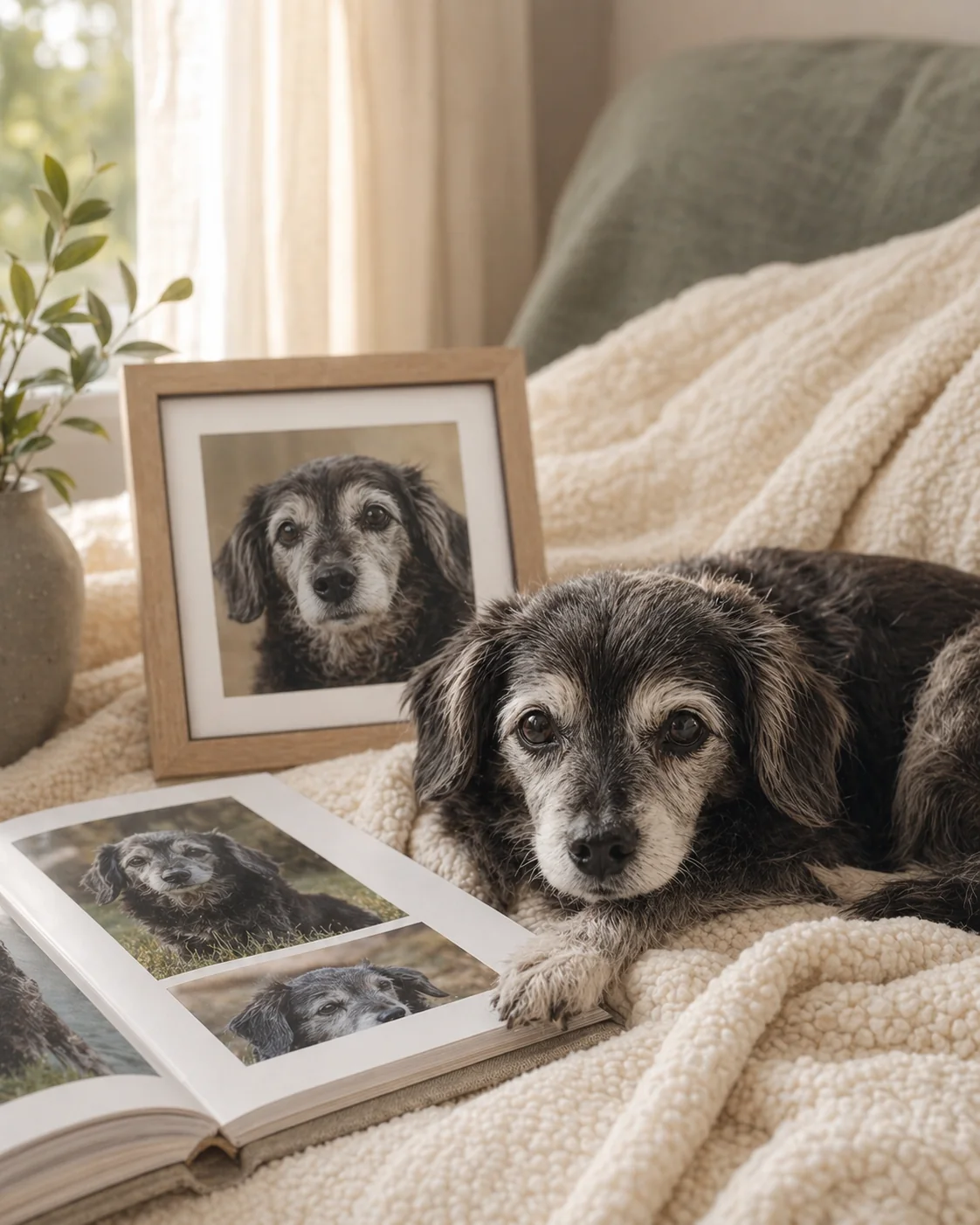 Senior dog resting beside a memory album and framed portrait