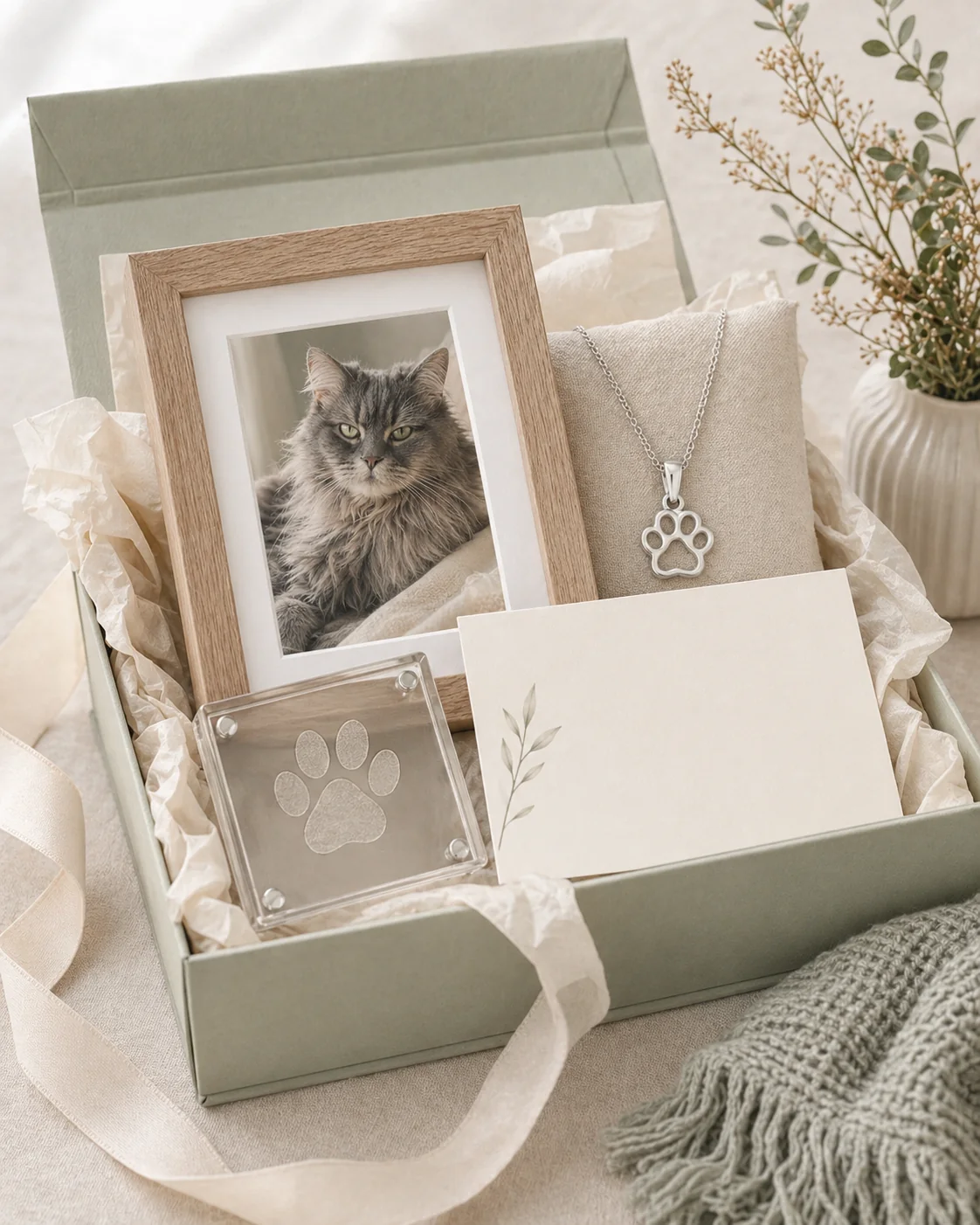 Open pet memorial sympathy gift box with framed portrait and keepsakes